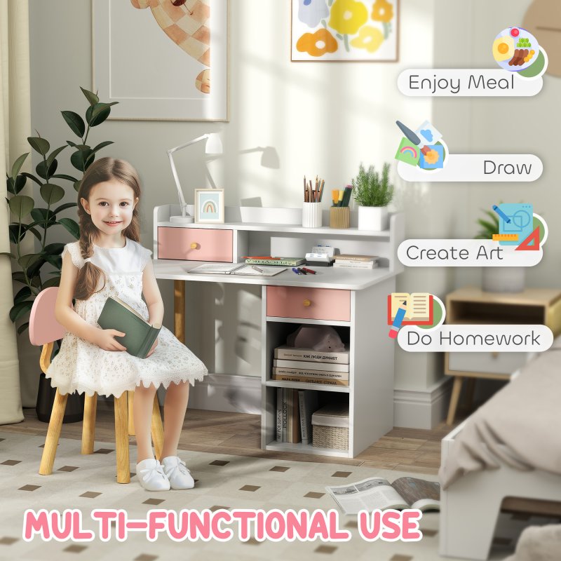 AIYAPLAY Kids Desk and Chair Set, Children Study Table with Hutch, Storage, Drawer, Shelves, for Studying, Reading, Drawing, for Ages 3-8 Years, Pink