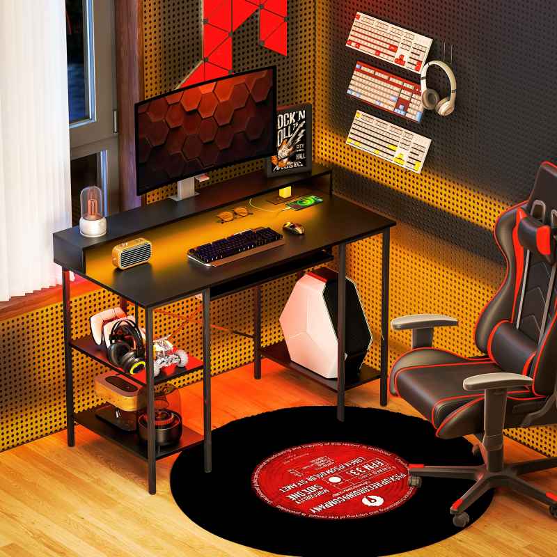 HOMCOM Computer Desk with LED Lights and Power Outlets, 120 x 55 cm Gaming Desk with Monitor Stand, Sliding Keyboard Tray and Storage Shelves for Home Office, Black