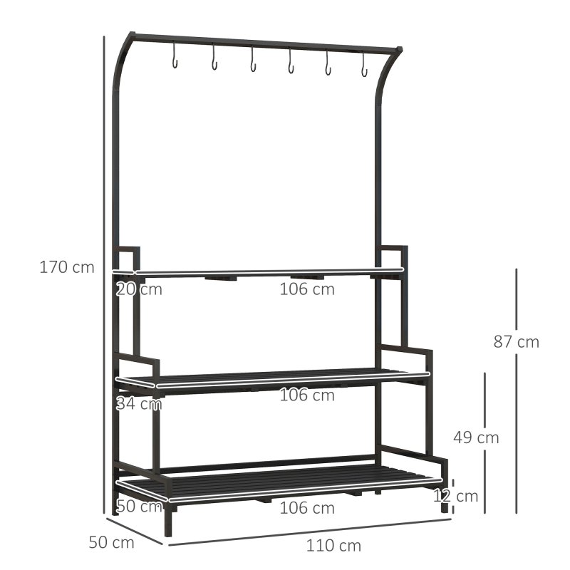 Outsunny Tall Plant Stand with Hanging Hooks, 3 Tiered Plant Rack Ladder Shelf for Indoor Outdoor Porch Balcony Living Room Bedroom, Black