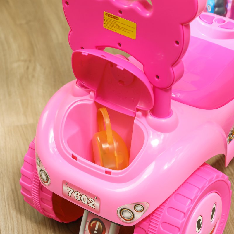 AIYAPLAY Ride on Car, Push Along Toy, Toddler Car Foot to Floor with Under Seat Storage, Anti-Over-Backwards Device, Horn, Music, Light, for 18-36 Months, Pink