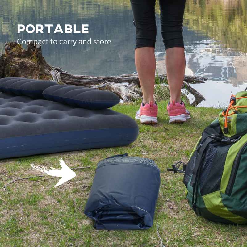 Outsunny King Size Air Bed with 2 Pillows, Hand Pump, Inflatable Mattress with Flocked Surface for Guest, Camping, Travel, 203 x 152 x 22cm