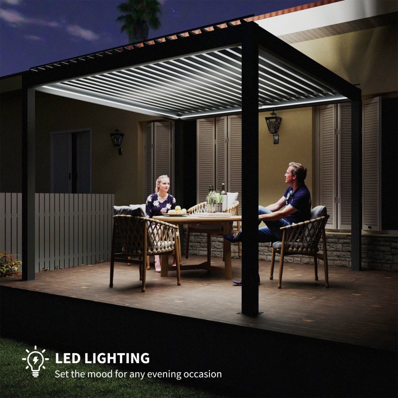 Outsunny 3 x 3(m) Electric Louvered Pergola with LED Lights, Aluminium Pergola Hardtop Gazebo with Remote, Adjustable Roof and Drainage System, Water and UV Proof
