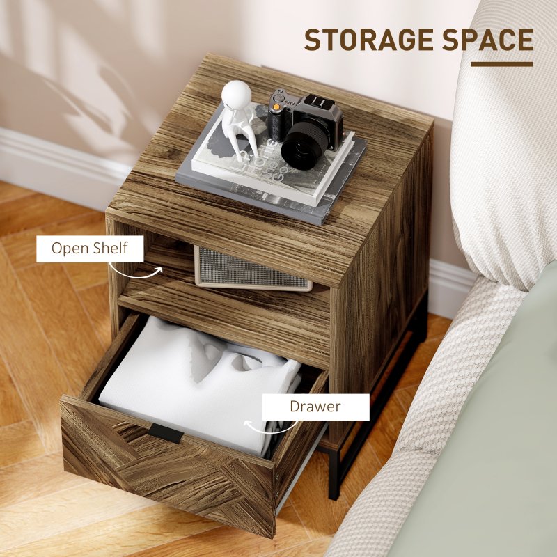 HOMCOM Bedside Table with Drawer and Shelf, Side End Table with Steel Legs for Living Room, Bedroom, Brown Wood Effect
