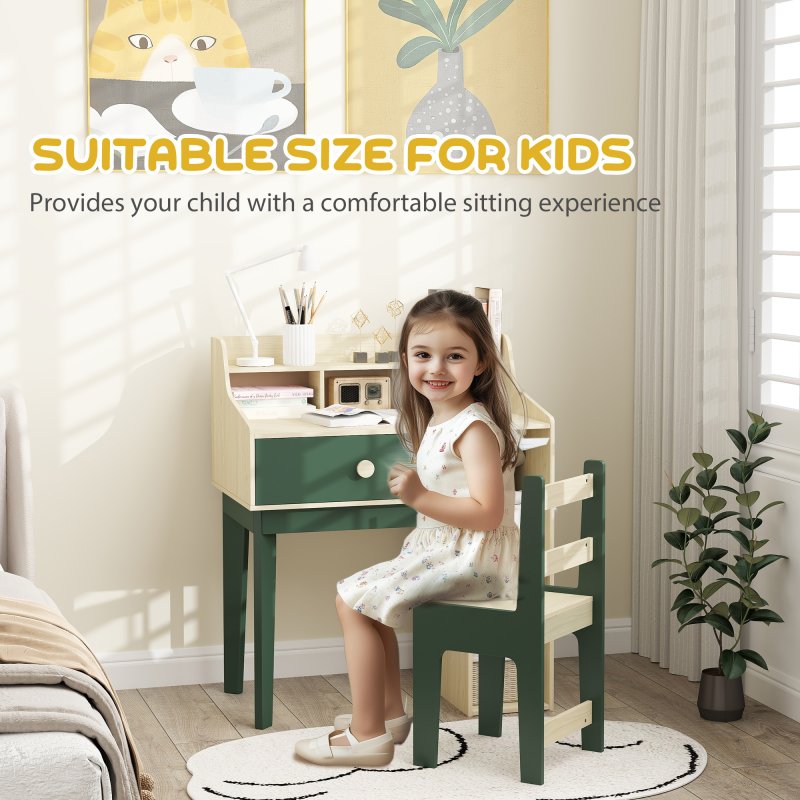 AIYAPLAY Kids Desk and Chair Set, Children Study, Table and Chair Set with Storage Shelves, Drawer, Kids Table and Chair Set for 3-10 Years, Green