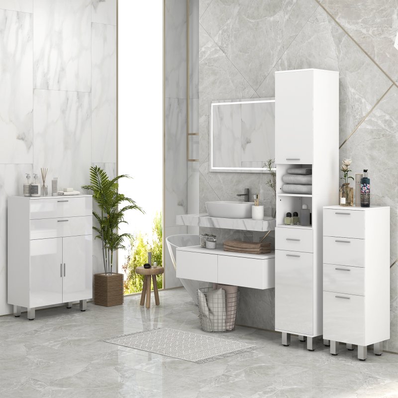 kleankin 71" Tall Slim Bathroom Storage Cabinet, Tall Narrow Cupboard with Drawer, Open Shelves, 2 Doors Cabinets and Adjustable Shelves for Kitchen, Hallway, Living Room, High Gloss White