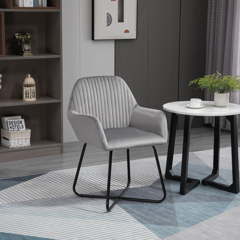 HOMCOM Modern Accent Chair, Velvet-Feel Fabric Upholstered Armchair with Metal Base for Living Room, Grey