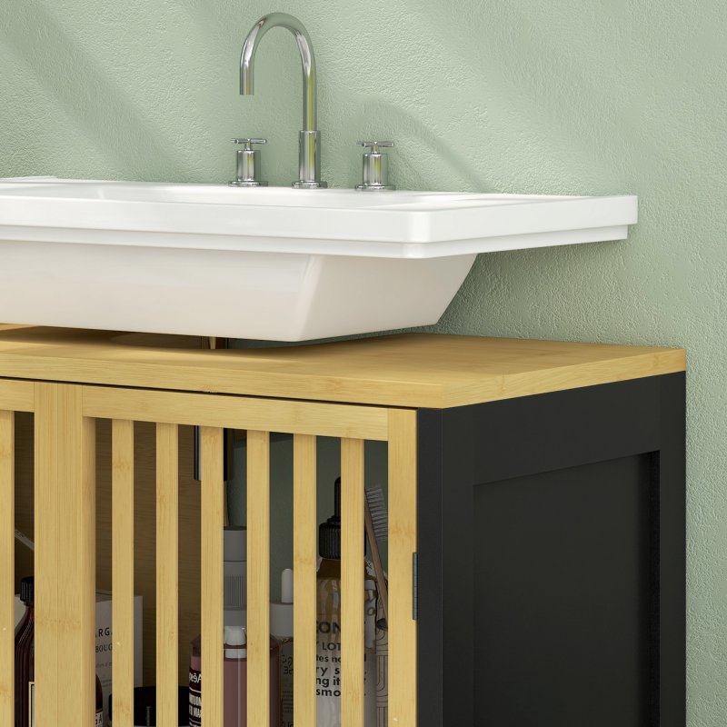 HOMCOM Under Sink Bathroom Cabinet, Bamboo Sink Storage Cabinet, Bathroom Vanity Unit with 2 Slat Doors, Adjustable Shelf and U-Shape Slot for Pipe Fit