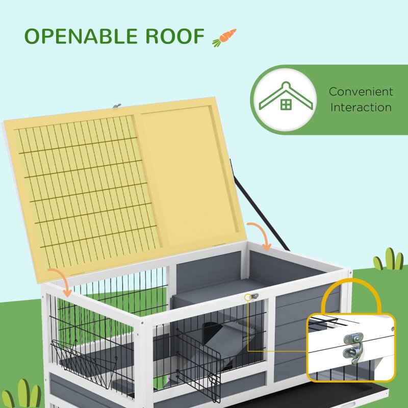 PawHut Rabbit Hutch Guinea Pig Hutch Indoor Wooden Small Animal House with Wheels, Openable Top, No-Leak Plastic Trays - Grey