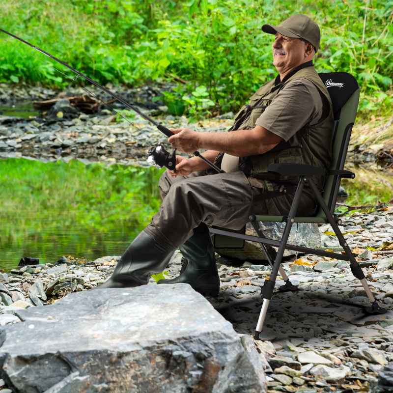 Outsunny Portable Fishing Chair, Lightweight Camping Chair with Reclining Backrest, Adjustable Legs and Mud Feet, 180kg Heavy Duty Folding Chair, Dark Green