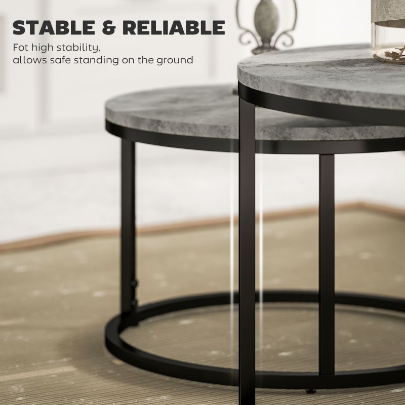 HOMCOM Round Nesting Coffee Table Set of 2, Large Stacking End Side Table with Steel Frame for Living Room, Bedroom, Home Office, 78.5 x 78.5 x 46.5 cm, Cement Grey