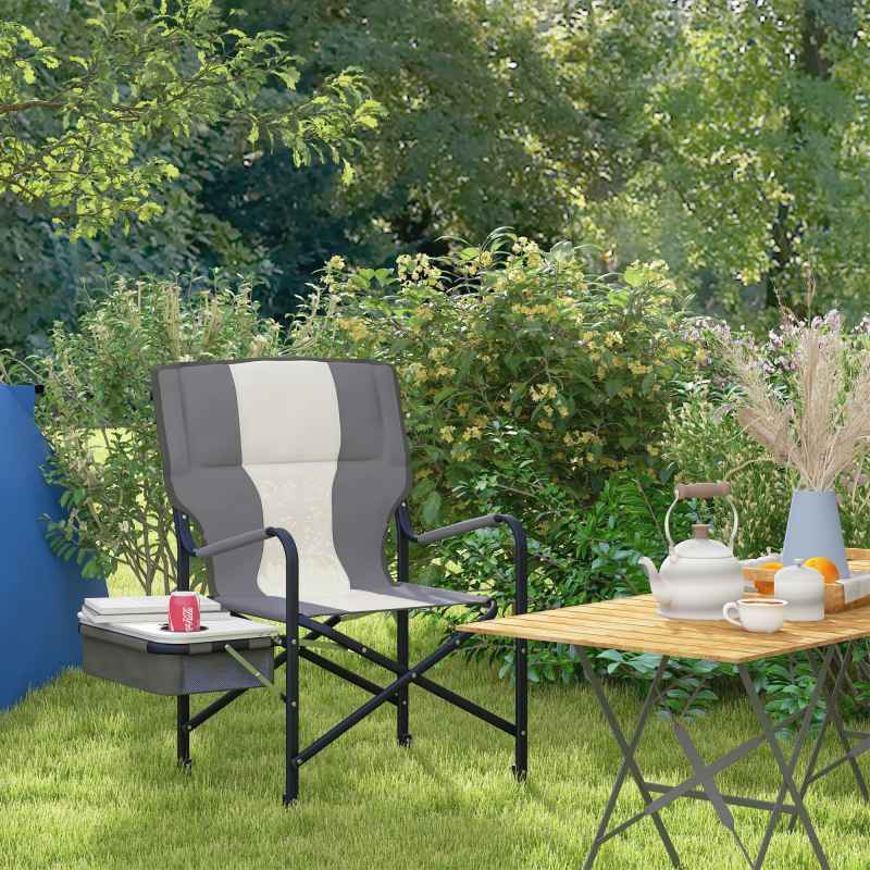Outsunny Aluminium Directors Chair, Folding Camping Chair for Adults with Side Table, Cup Holder, Cooler Bag and Pocket, Up to 120 kg, Grey