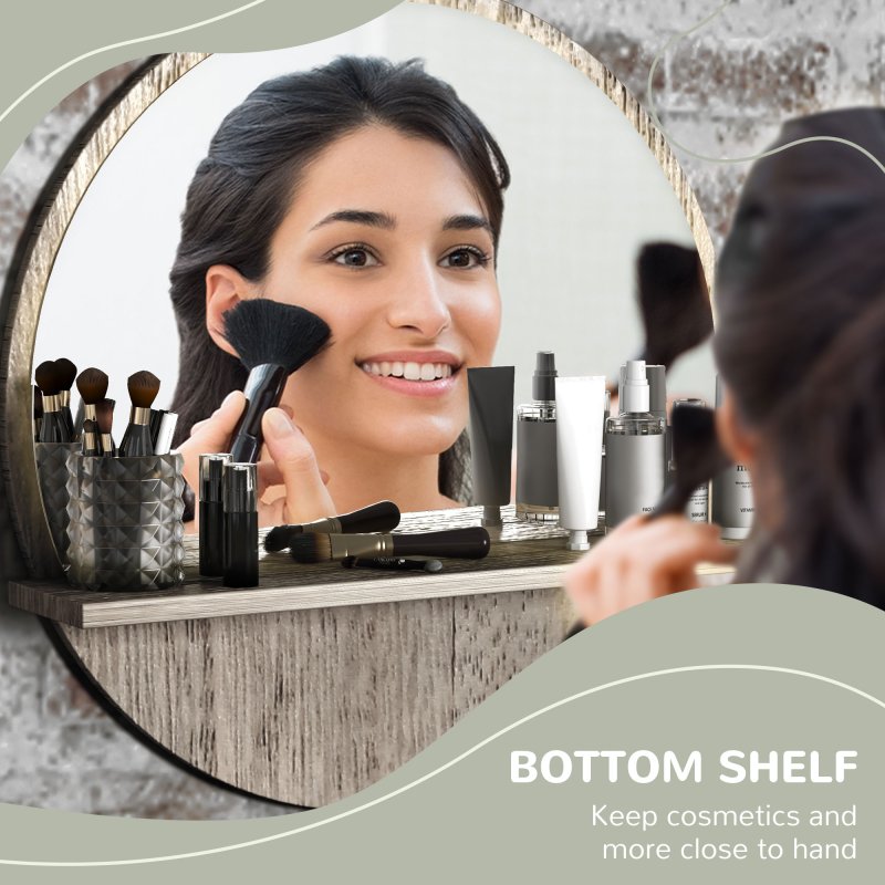 kleankin 45cm Wall Mounted Bathroom Mirror, Round Mirror with Shelf, Framed Makeup Mirror for Home Decoration