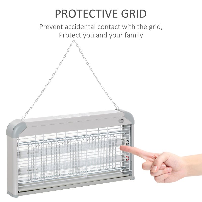Outsunny 30W Electric Fly Zapper, Bug Zapper with UK Plug, 2 UV Bulbs, Hanging Chain, On/Off Switch and Removable Catch Tray, 60?O Coverage Insect Mosquito Killer for Indoor and Outdoor Use, Grey