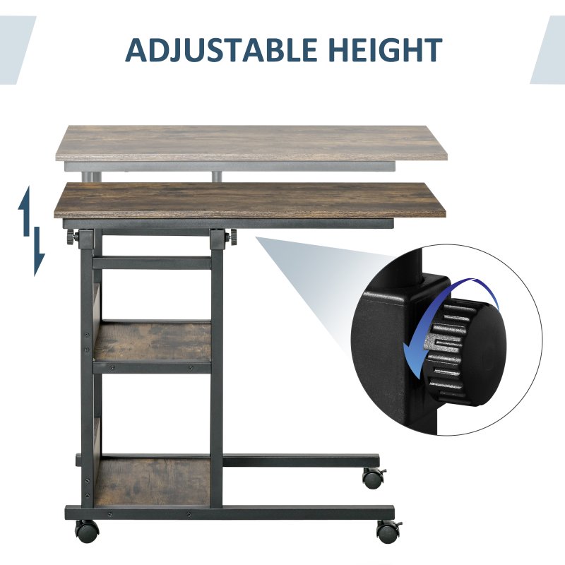 HOMCOM C-Shaped Side Table Industrial Mobile Rolling End Desk with 3-Tier Storage Shelving, Adjustable Height, Wheels