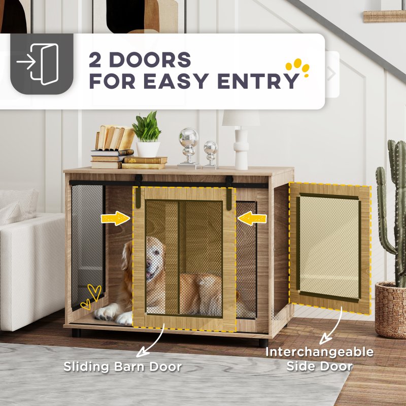 PawHut Dog Crate Furniture, Dog Cage End Table with Sliding Door, Pet Kennel for Large Breeds, 98 x 60 x 78cm, Walnut Brown