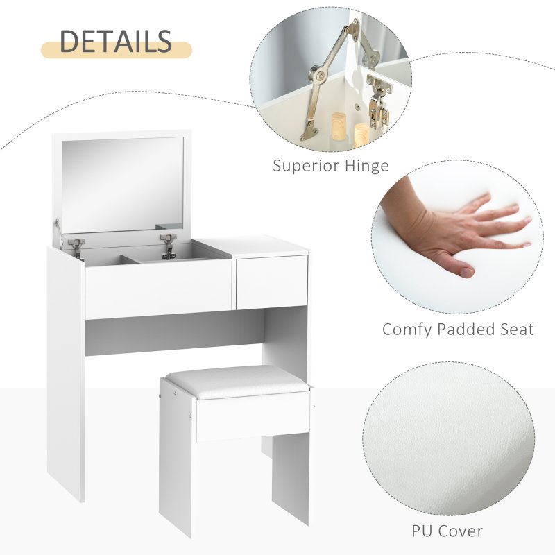 HOMCOM Dressing Table with Flip-Up Mirror and Cushioned Stool, Makeup Vanity Desk with Hidden Compartments and Storage Drawer, Convertible Writing Table for Bedroom, White