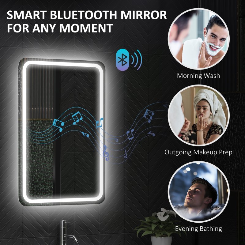 HOMCOM Bluetooth Bathroom Mirror with LED Lights, Illuminated Backlit Wall Mounted Vanity Mirror with 3 Colours Dimmable, Clock, Anti-Fog, Memory & Touch Switch, IP44