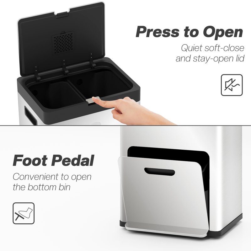 HOMCOM Kitchen Bin, 2 x 18L and 20L Volumes, Stainless Steel 3 Compartment Bin with Wheels, Soft Close Lid, Removable Inner Buckets, Fingerprint-Proof for Recycling and Waste, Silver Tone