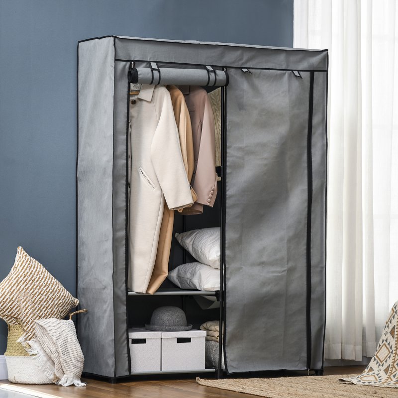 HOMCOM Fabric Wardrobe, Portable Fabric Cabinet, Foldable Coat Rack with 4 Shelves, 2 Hanging Rails, 118 x 49 x 170 cm, Light Grey