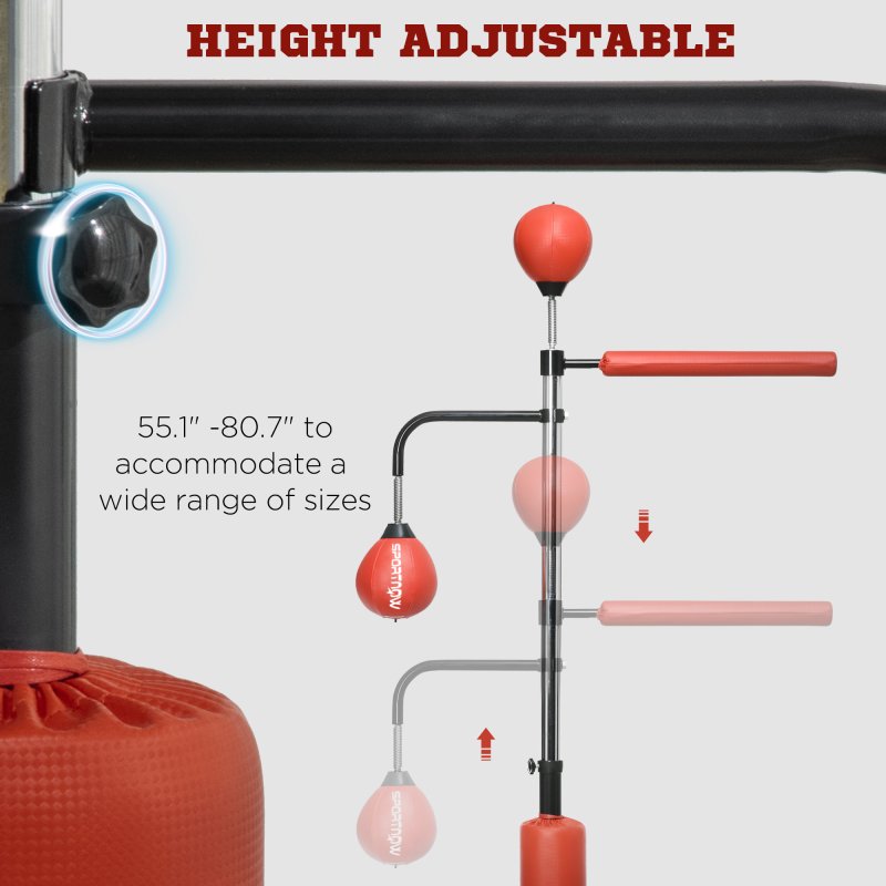 SPORTNOW 140-205cm Inflatable Boxing Bag with Reaction Bar Challenge, Freestanding Punching Bag Training Equipment, with Suction Cups, Speed Punching Bag, MMA Equipment, Red