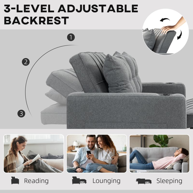 HOMCOM 2 Seater Sofa Bed, Convertible Pull Out Sofa Bed with Adjustable Backrest, Cup Holders and Pillows, Click Clack Settee for Living Room, Bedroom, Guest Room