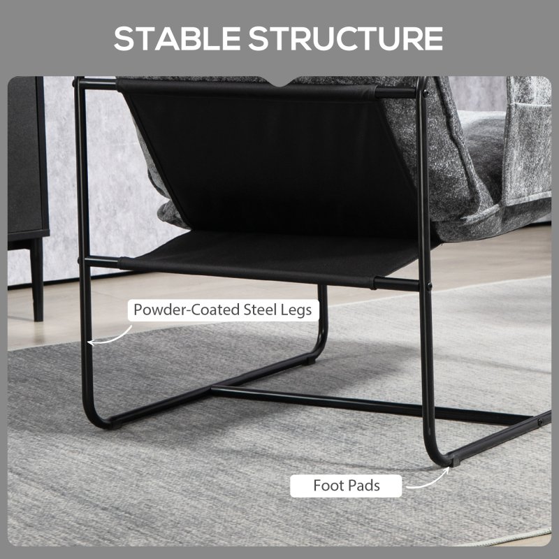 HOMCOM Modern Accent Chair, Chenille Armchair with Side Pockets and Steel Frame, Upholstered Reading Chair for Bedroom, Living Room, Grey