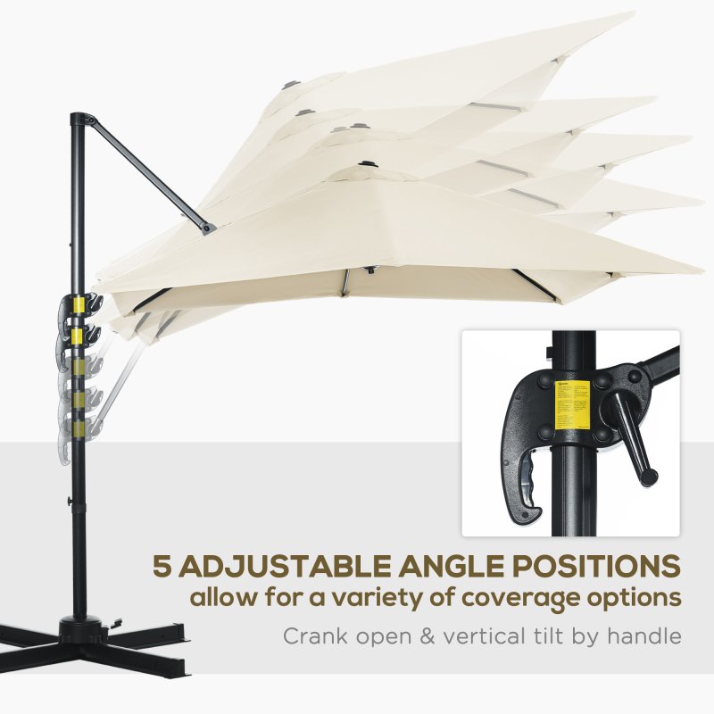 Outsunny 2.5 x 2.5m Patio Offset Parasol Umbrella Cantilever Hanging Aluminium Sun Shade Canopy Shelter 360 Rotation with Crank Handle and Cross Base, Cream White