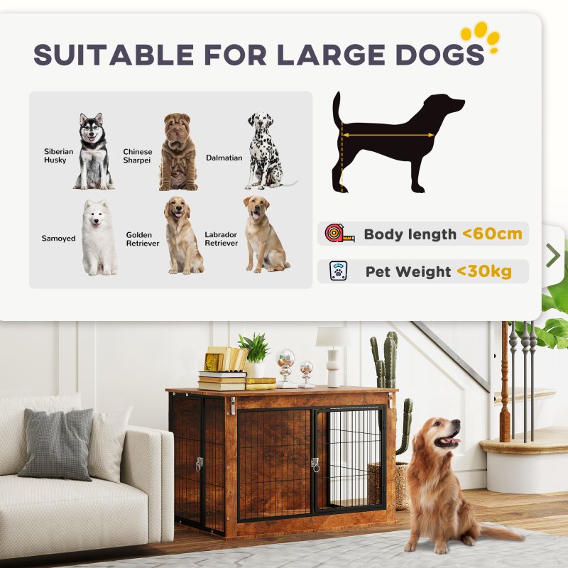 PawHut Dog Crate Furniture, Dog Cage End Table with Openable Top, Two Lockable Doors, for Large Pets, 98 x 60 x 65.5cm, Rustic Brown