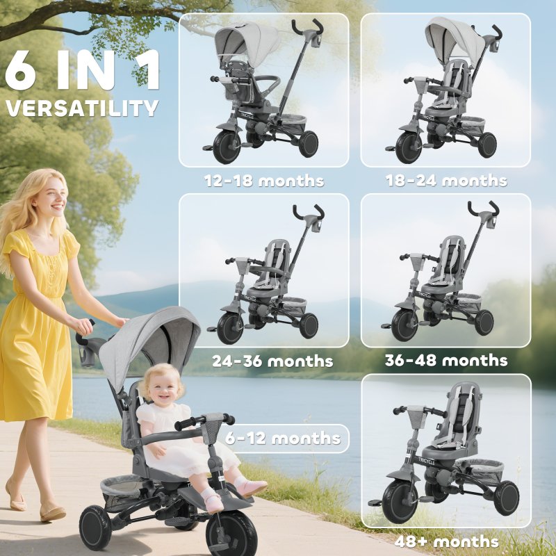 AIYAPLAY Kids Trike, 6 in 1 Toddler Tricycle with Adjustable Parent Handle & Canopy, Convertible Seat, for Ages 1-5 Years, Foldable Baby Trike with Safety Harness, Storage Basket & Bag, Grey