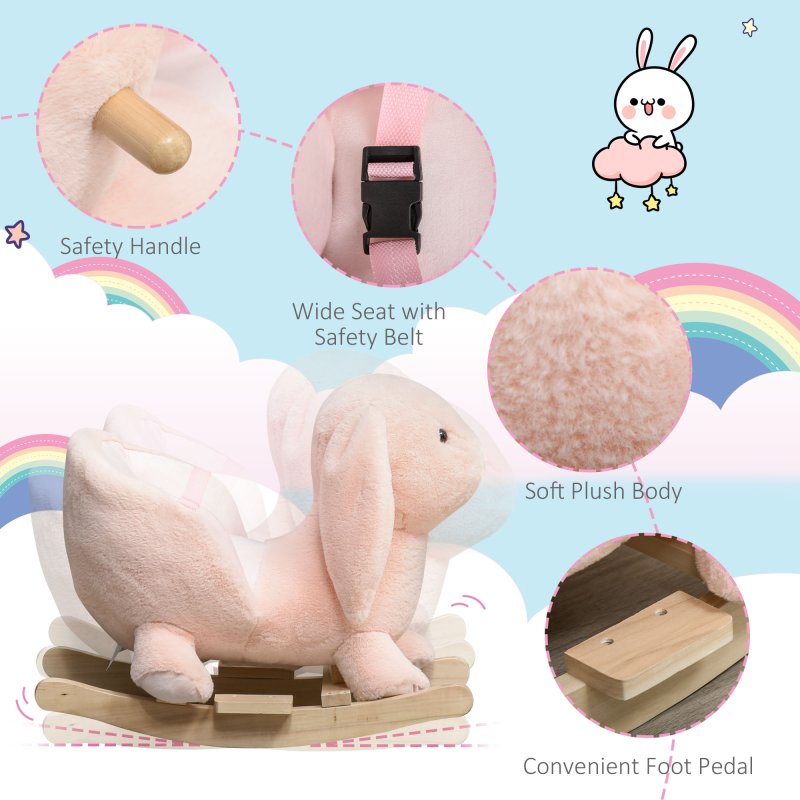 HOMCOM Kids Rocking Rabbit, Plush Rocking Horse Ride-On w/ Sound, Wood Base, Seatbelt, for Ages 18-36 Months, Pink