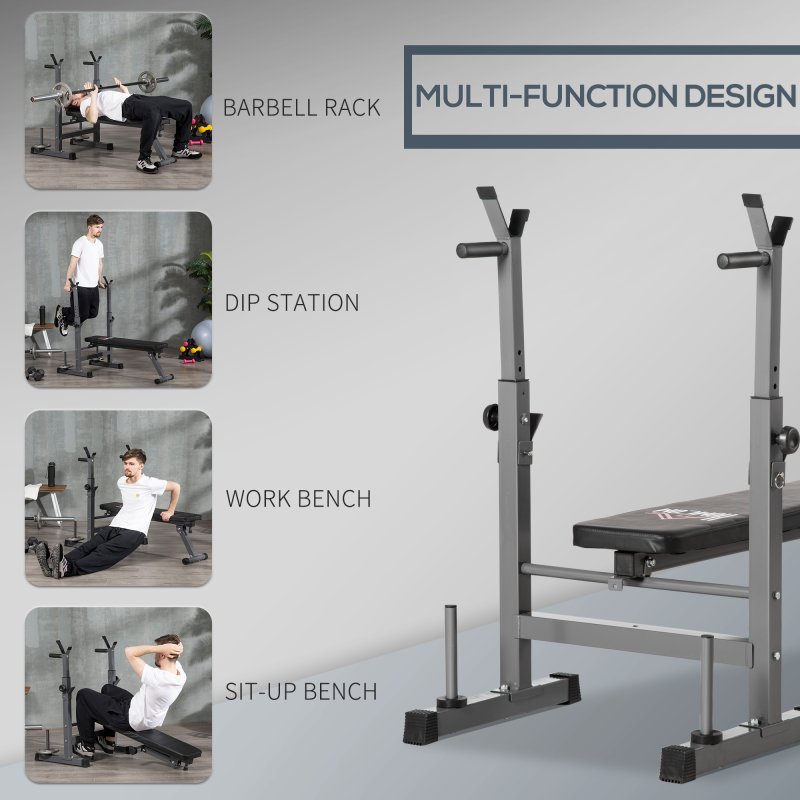 HOMCOM Adjustable Weight Bench, Foldable Bench Press with Barbell Rack, Dip Station, for Home Gym, Strength Training, Multi-Use Workout Bench, Grey