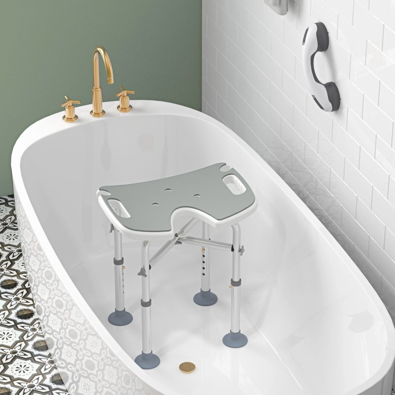 HOMCOM Height Adjustable Shower Stool with Suction Grab Rail, Aluminium Shower Chair with U-Shaped Padded Seat, Non-Slip Bath Stool for Elderly, Disabled, Seniors, Pregnant