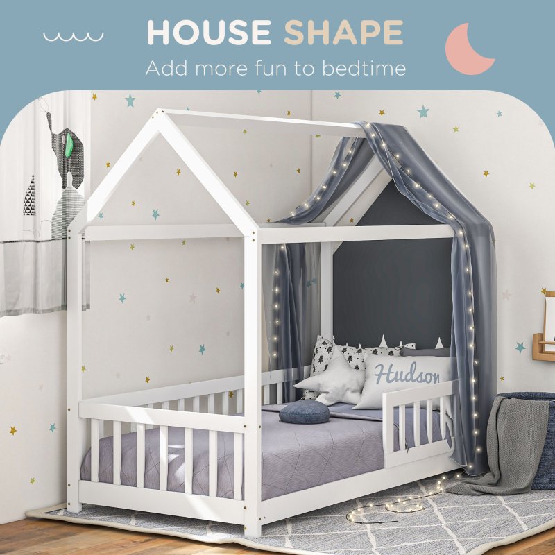 HOMCOM House-Shaped Kids Bed Frame, Solid Pine Wood Single Bed Frame with Safety Fence for Kids Boys and Girls, White