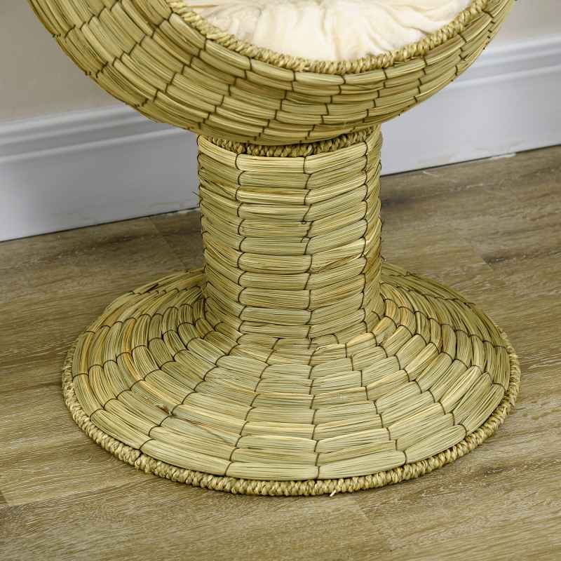 PawHut Raised Cat House, Natural Mat Grass Cat Bed, Kitten Cave with Cushion, Detachable Top, Yellow, 41x 69 cm