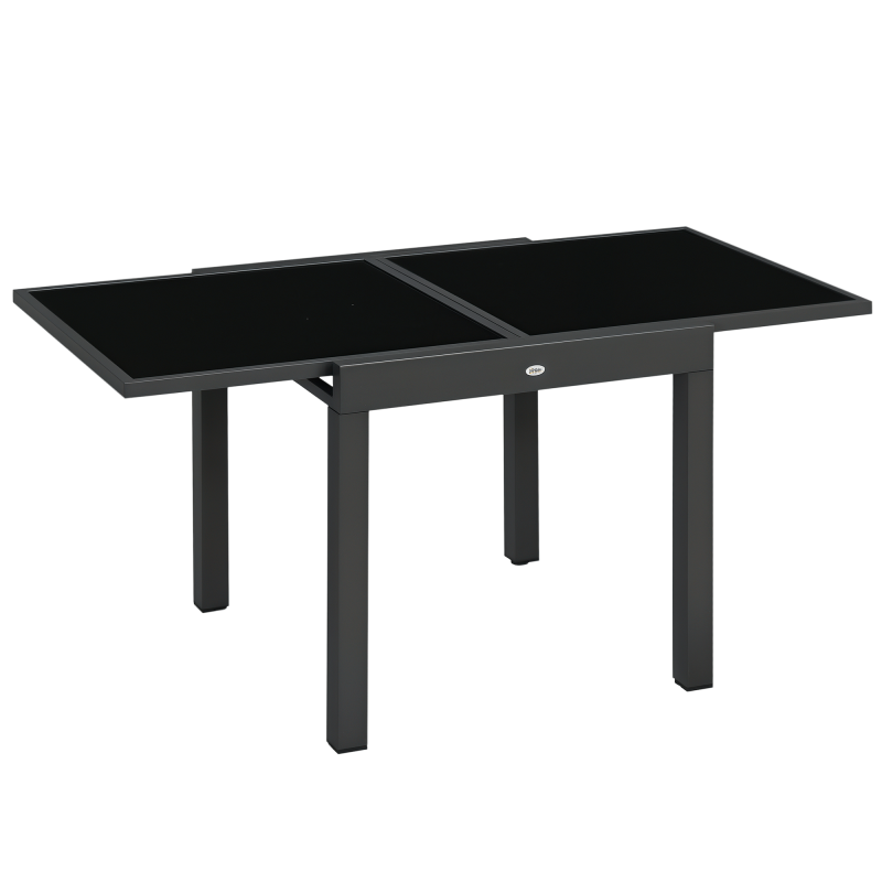 Outsunny Extending Garden Table, Outdoor Dining Table with Aluminium Frame and Tempered Glass Tabletop, 80/160 x 80 x 75 cm, Black