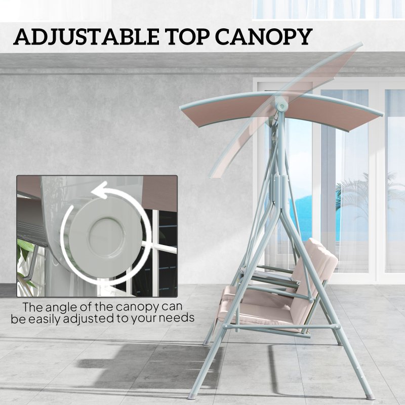 Outsunny 2 Seater Garden Swing Chair Patio Rocking Bench w/ Tilting Canopy, Double Padded Seats, Storage Bag and Tray, Beige