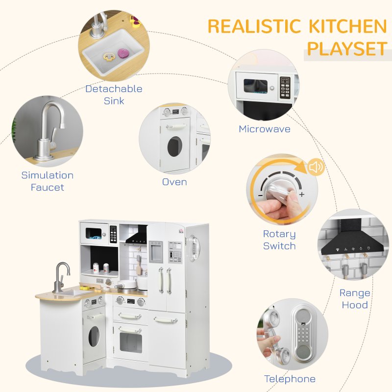 HOMCOM Toy Kitchen, Wooden Kids Kitchen with Realistic Refrigerator, Microwave, Oven, Range Hood, Sink, Telephone, Sounds, Storage Space, for 3-6 Years Old, White