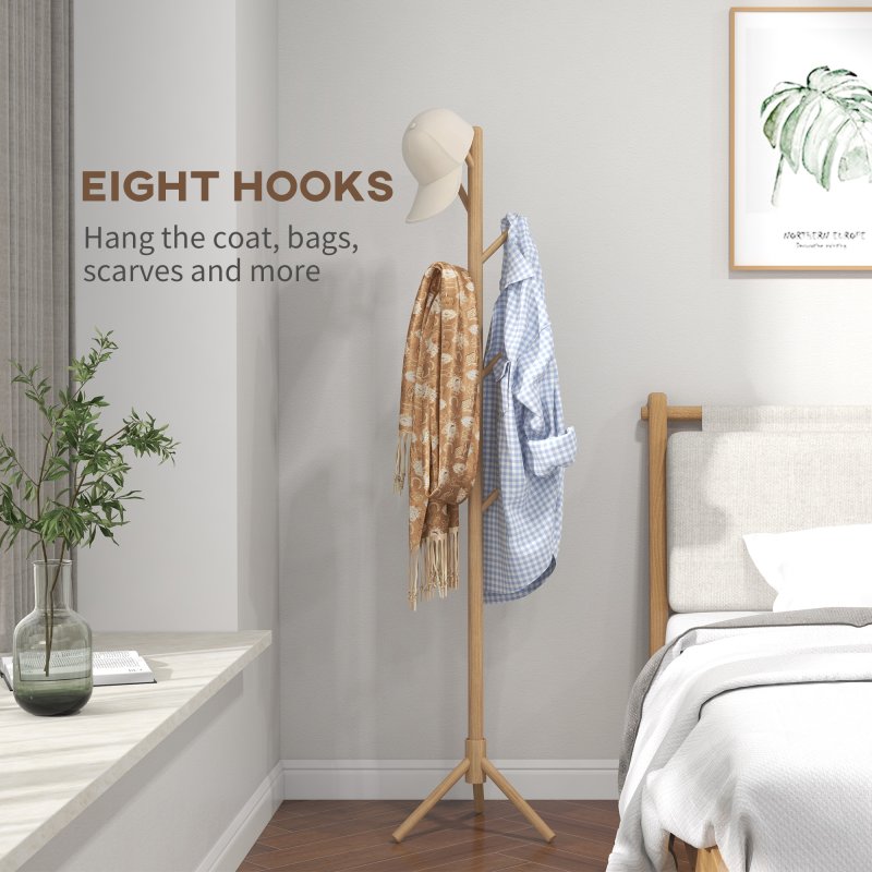 HOMCOM Coat Rack, Freestanding Coat Stand with 8 Hooks and Wooden Frame for Clothes, Bags, Hat Stand for Entryway, Hallway, Bedroom, Living Room