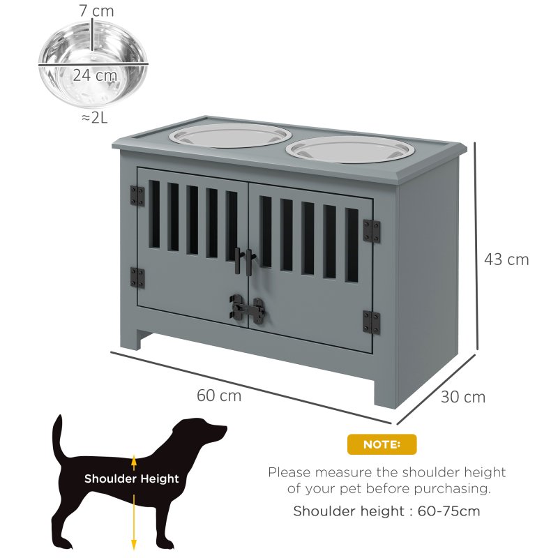 PawHut Raised Dog Bowls for Large Dogs, Pet Feeding Station, Doors with Latch, Storage Cabinet, Two Stainless Steel Bowls - Grey