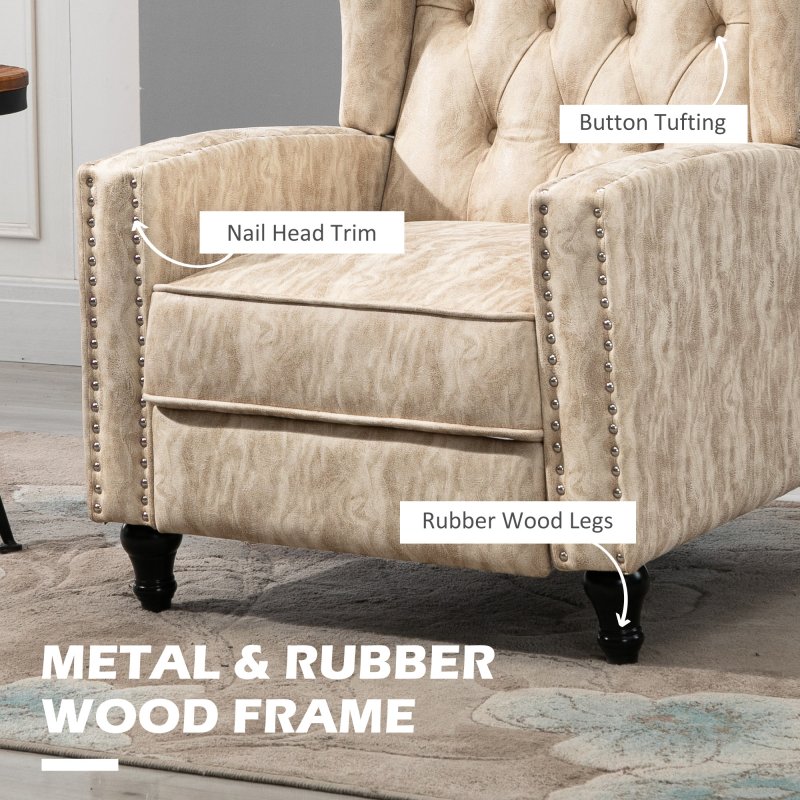 HOMCOM Manual Reclining Armchair with Footrest, Marble Effect Vintage Recliner Chair with Nail Head Trim, Button Tufted Wing Back and Wood Legs, Beige