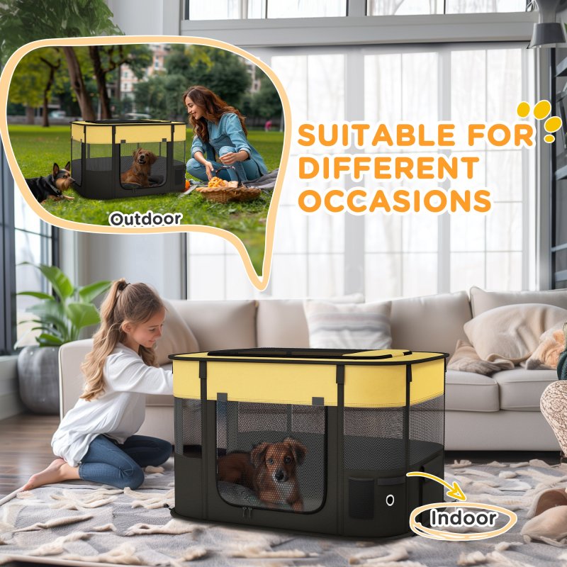 PawHut Dog Pen, Pet Playpen, Portable Foldable Dog Cat Playpen Soft Pet Cage with Storage Bag for Puppies, Rabbits, Kittens, Guinea Pigs, 84 x 64 x 53cm - Yellow