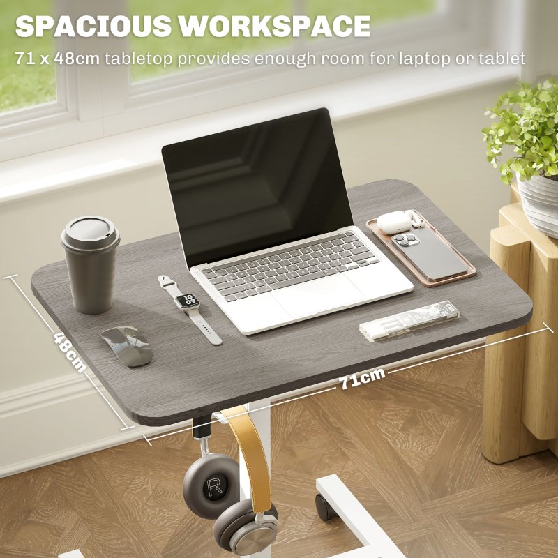 HOMCOM Height Adjustable Standing Desk, Pneumatic Sit Stand Desk for Laptop, Mobile Overbed Table with Wheels and Headphone Hook for Home Office