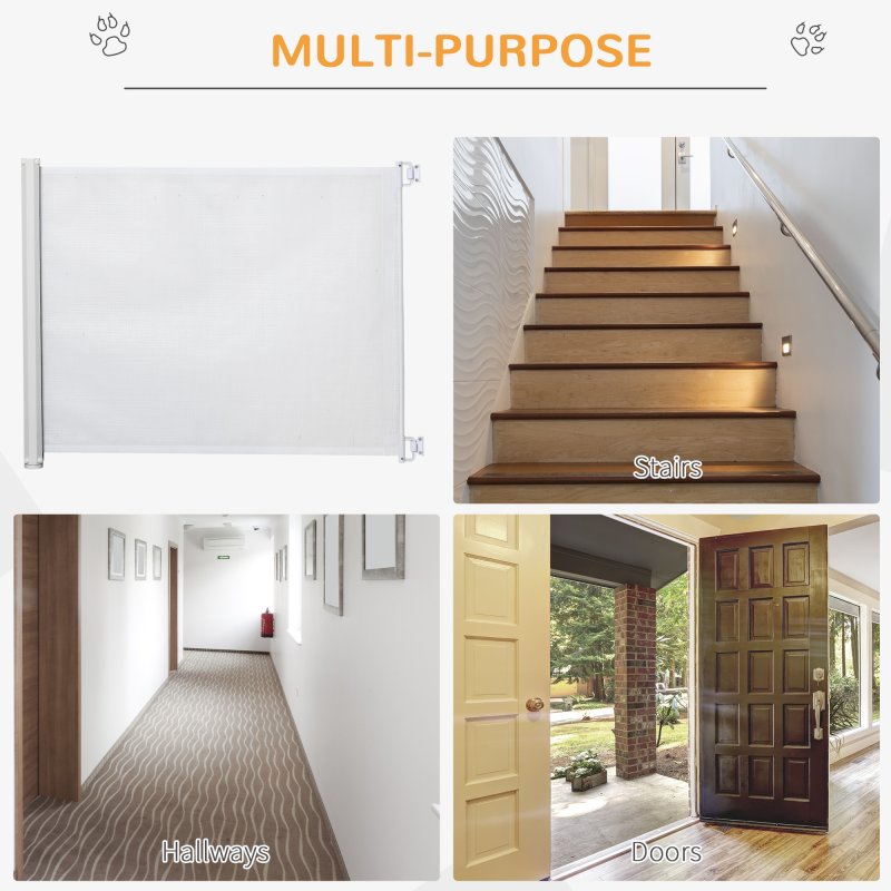 PawHut Retractable Stair Gate for Dogs, Pet Mesh Safety Gate Extends up to 115cm for Doorways Indoor- White