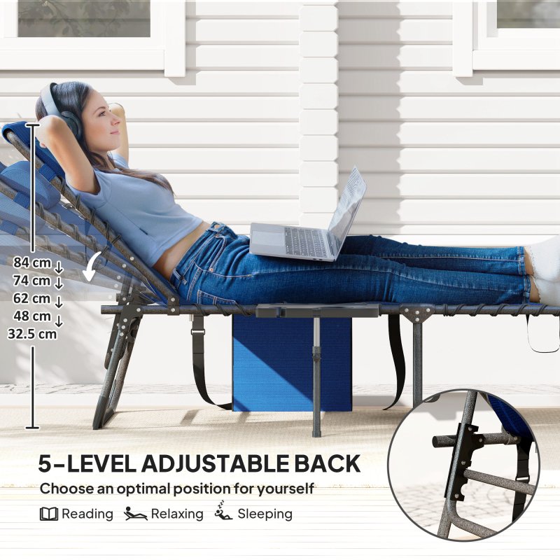 Outsunny Folding Sun Lounger with Side Table, 5-Level Adjustable Reclining Sun Lounger Chair, Portable Garden Recliner Sunbed with Side Pocket, Head Pillow for Patio, Beach, Dark Blue