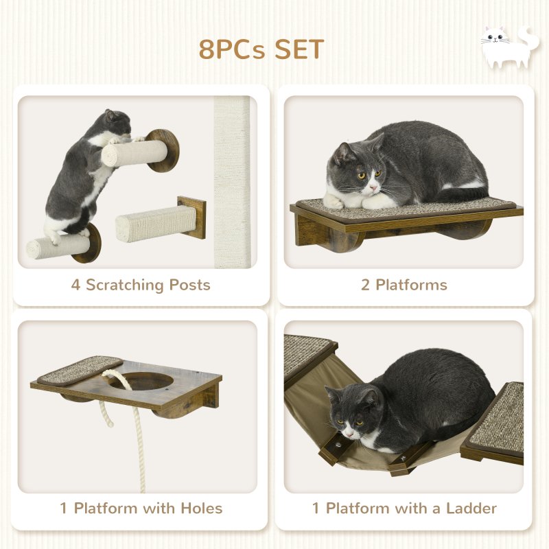 PawHut 8Pcs Cat Shelves, Cat Wall Furniture with Scratching Posts, Perches, Ladder, Wall Mounted Cat Tree for Sleeping, Playing, Lounging - Brown