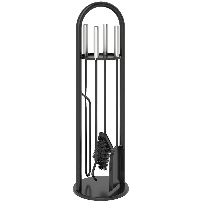 Outsunny 5 Pieces Fireplace Tools Set, Metal Fireplace Accessories Fireside Companion Set with Broom, Shovel, Poker and Bucket, Silver