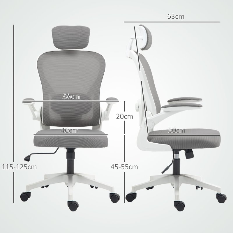 HOMCOM Executive Office Chair, Ergonomic Mesh High Back Desk Chair with Flip-up Armrest, Rotatable Headrest, Adjustable Lumbar Support for Home Study, Grey