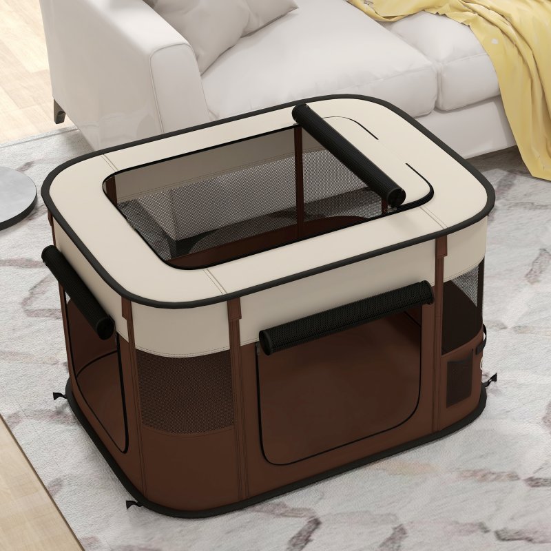 PawHut Dog Pen, Pet Playpen, Portable Foldable Dog Cat Playpen Soft Pet Cage with Storage Bag for Puppies, Rabbits, Kittens, Guinea Pigs, 84 x 64 x 53cm - Brown