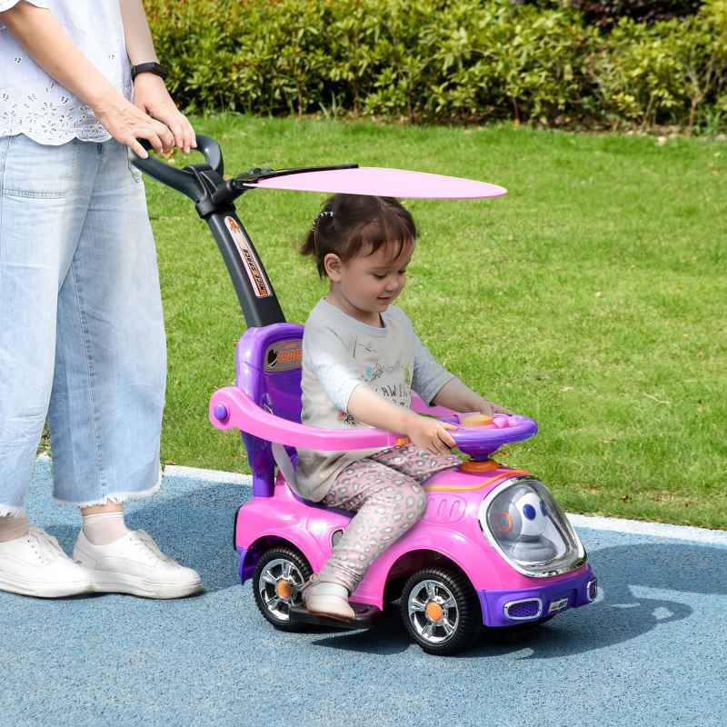 AIYAPLAY 3 in 1 Ride on Push Car, Cartoon Robot Theme Foot to Floor Slider, Baby Push Along Car with Parent Handle, Light Music Horn, Underneath Storage, for Boys Girls 12-36 Months - Pink