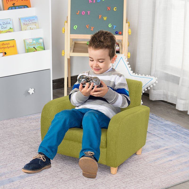 HOMCOM Children's Armchairs Toddler Chair Wood Frame Anti-Slip Legs High Back Bedroom Playroom Furniture Green